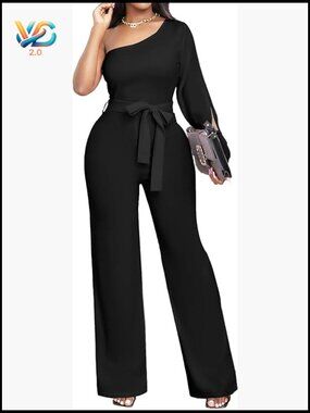 Dressy V-Neck Ruffle Sleeve Jumpsuit Long Straight Pants Party Club Zip